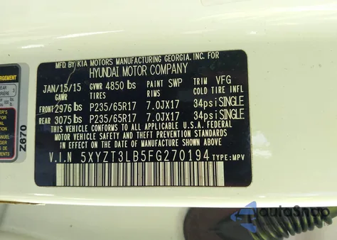 2015 Hyundai Santa Fe Sport 2.4L z USA, uszkodzony, nr VIN 5XYZT3LB5FG270194